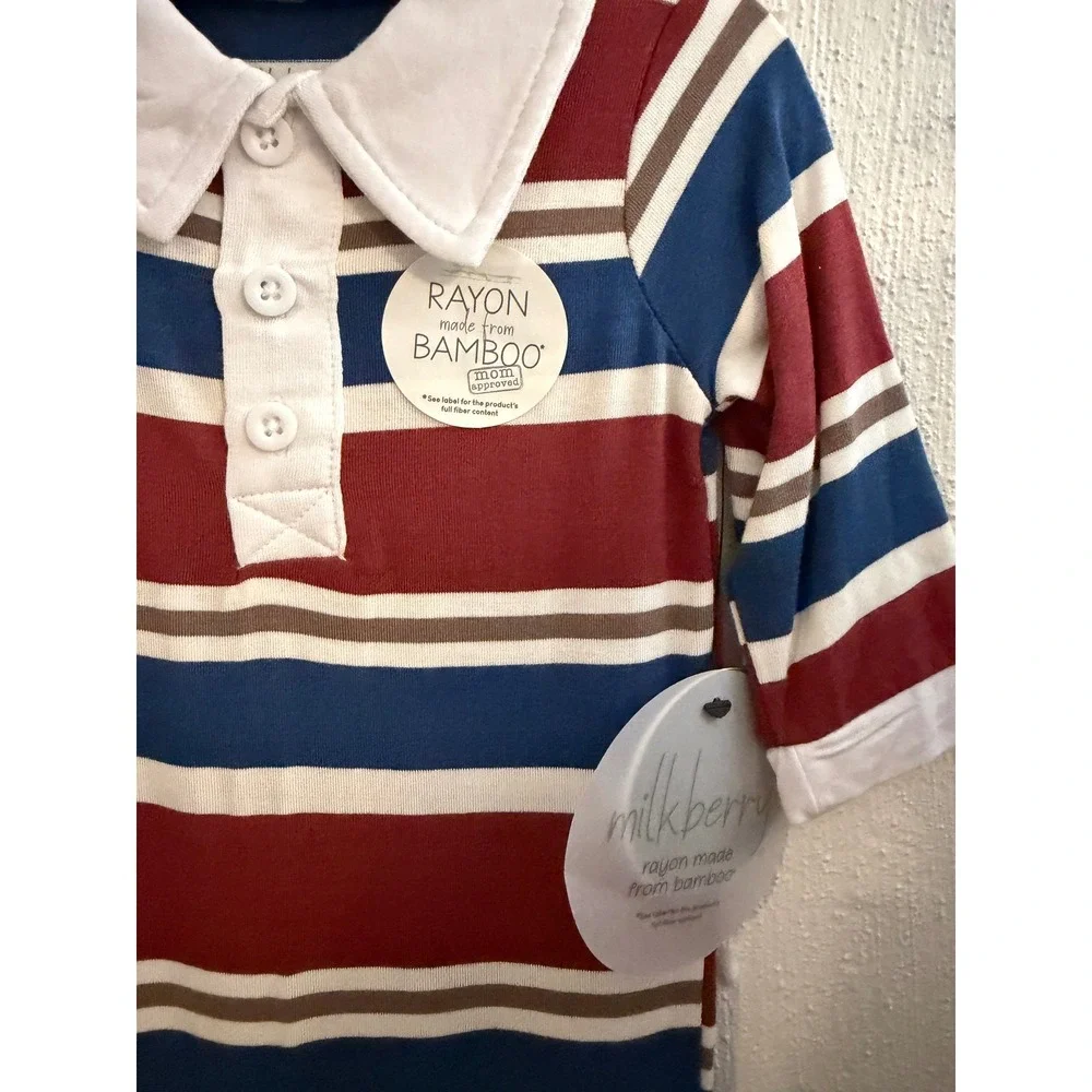Milkberry Bamboo Rayon Striped Polo Footed Romper Red Blue White 0-3M NWT